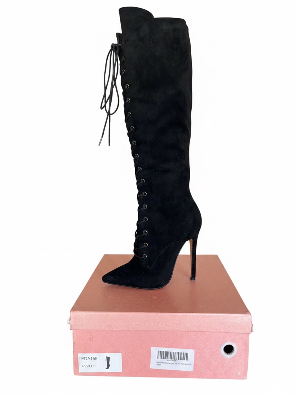 Black Lace-Up Knee-High Stiletto Boots - Women